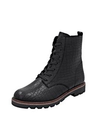 Black leather ankle boot with a textured squared pattern, flat sole, and lace-up design. Features a brown midsole for contrast.