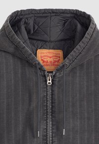 Gray striped hoodie with a front zipper, featuring a quilted black lining and a leather label with red text and graphics.