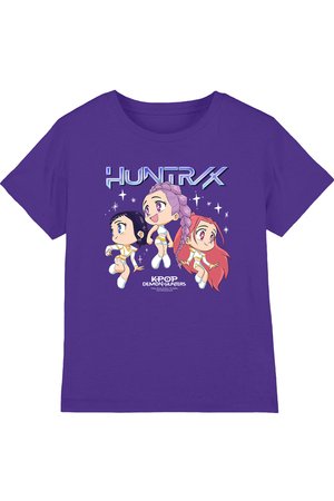 Purple shirt with cartoon-style characters with different hair colors and the text "HUNTR/X" and "K-POP DEMON HUNTERS" below them.