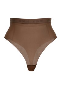 Bruine hoge taille slip met een zachte, doorschijnende textuur. Voorzien van een gladde tailleband met gedrukte branding. Het vormgevende ontwerp accentueert de vormen.