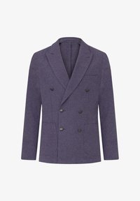 Chaqueta de doble botonadura en tejido texturado de color púrpura oscuro. Presenta solapas anchas, dos bolsillos delanteros y seis botones negros.