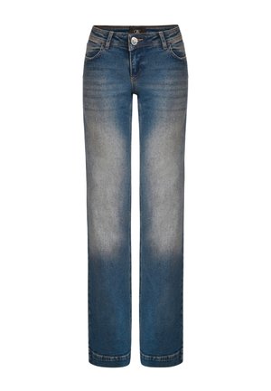 Jeans in denim blu a gamba dritta con una leggera scoloritura, dotati di cinque tasche, chiusura con bottone e dettagli di cucitura sottili.