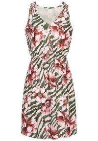 Robe fleurie avec un décolleté en V, sans manches, motif zigzag vert et blanc, grandes fleurs roses, taille élastique, boutons en bois.