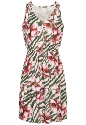 Blumenkleid mit V-Ausschnitt, ärmellosem Design, grün-weißem Zickzackmuster, großen pinken Blumen, elastischem Bund und hölzernen Knöpfen.