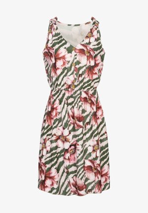 Abito floreale con scollo a V, design senza maniche, motivo a zigzag verde e bianco, grandi fiori rosa, vita elastica, bottoni in legno.