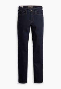 Jean droit en denim bleu foncé avec fermeture à boutons et zip à l’avant, passants de ceinture, poches avant et arrière.