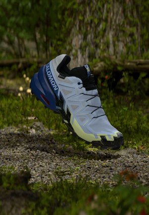 Chaussure de trail Salomon bleue, noire et gris clair suspendue au-dessus d'un sol forestier caillouteux et mousseux.