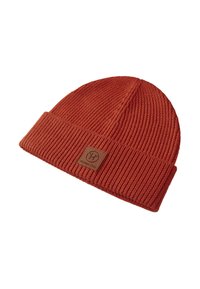 Ribbed knit beanie in burnt orange with a fold-over cuff and a stitched leather logo patch on the front. Soft texture, warm material.