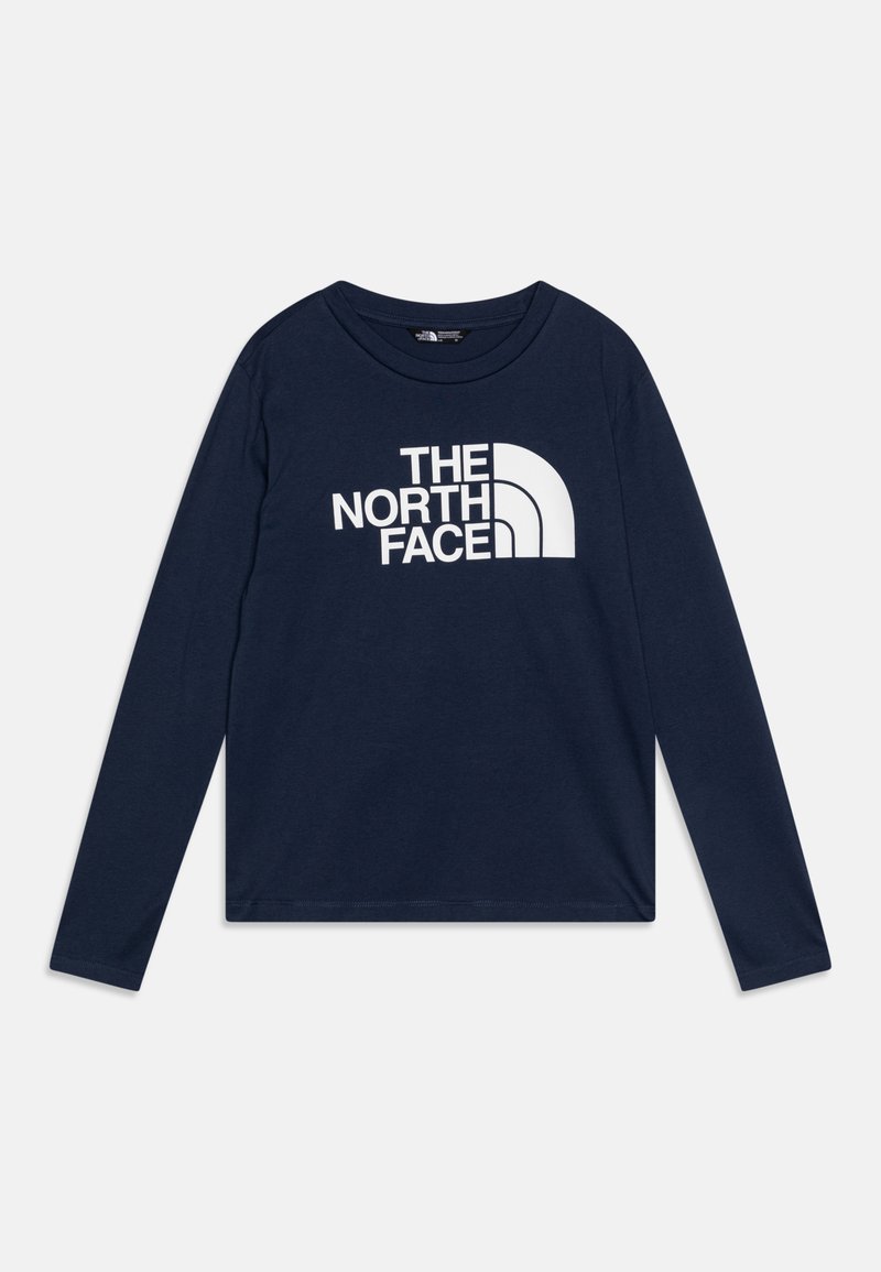 Chemise en coton à manches longues de couleur bleu marine arborant un grand logo blanc "The North Face" et un graphique de demi-dôme sur le devant. Texture douce, encolure ronde.