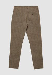 Braune, strukturierte Hose mit einem dezenten Karomuster, ausgestattet mit zwei Gesäßtaschen und Knopfverschlüssen. Maßgeschneiderter Schnitt mit geradem Bein.