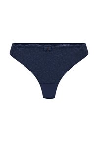 Marineblauwe kant bikini-ondergoed met bloemenpatroon en een klein strikje in het midden van de tailleband.