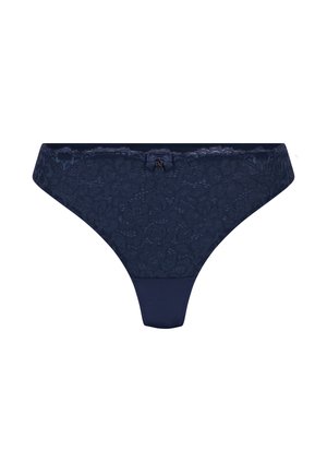 Marineblauwe kant bikini-ondergoed met bloemenpatroon en een klein strikje in het midden van de tailleband.