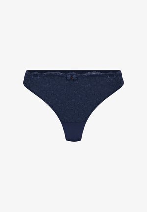 Marineblaue Spitzen-Bikiniunterwäsche mit floralem Muster und kleiner Schleifenakzent in der Mitte des Taillenbunds.