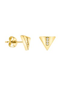 Les boucles d'oreilles en forme de triangle doré présentent une rangée centrale de trois pierres claires. Surface lisse avec une finition polie, affichant un design géométrique.