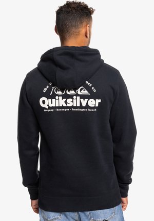 Black hoodie with a large white Quiksilver logo on the back. Features a drawstring hood and ribbed cuffs and hem. Soft, textured fabric.
