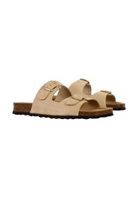 Lys beige sandaler lavet af blødt ruskind, med to justerbare remme med metalspænder og en formet korksål for komfort.