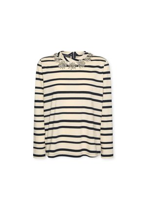 Gestreepte top met lange mouwen in crème en marineblauw, met een ronde halslijn versierd met bloemmotieven bij de kraag. Glad stoftextuur.