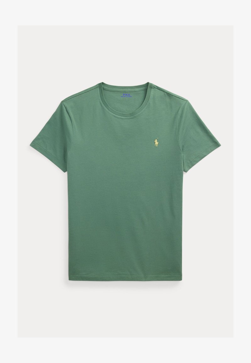Green crew neck short-sleeve t-shirt with small yellow embroidered Polo Ralph Lauren logo on the left chest.