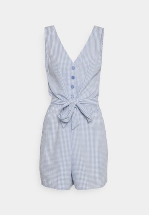 Sleeveless blue and white gingham romper with V-neck, four buttons down front, and waist tie bow detail.