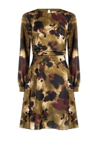 Langere jurk met lange mouwen in een multicolor abstracte print met aardetinten, voorzien van een getailleerde taille en een uitlopende rok, gemaakt van gladde stof.