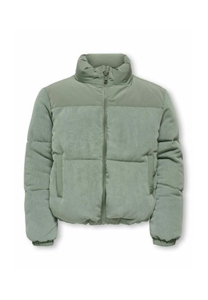 Veste matelassée vert clair avec tissu côtelé, fermeture éclair sur le devant, col montant et poignets élastiques sur fond blanc.