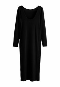 Vestido negro de manga larga, hecho de tela acanalada, con un amplio escote en forma de barco, silueta ajustada y corte a la altura de la rodilla.