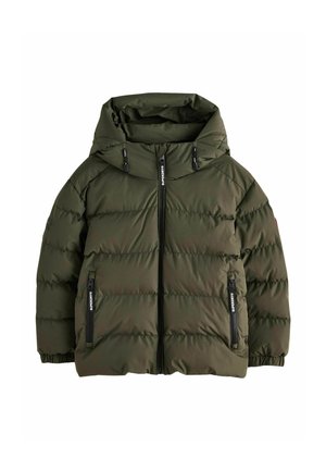 Olive green padded jacket with hood, front zipper, two zippered side pockets, and elastic cuffs.