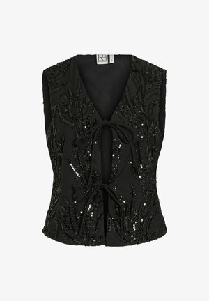 Gilet nero senza maniche con intricate decorazioni in perline e paillettes, con scollatura a V, chiusura con lacci e superficie testurizzata.