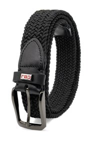 Zwarte gevlochten riem met leren accenten en een metalen zilverkleurige gesp. Beschikt over een gevlochten textuur en een rechthoekig gespontwerp.