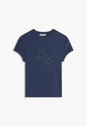 Námornícky modré bavlnené tričko s krátkymi rukávmi, na prednej strane so zobrazenými dvoma hviezdami ozdobenými malými, priehľadnými krištáľmi.