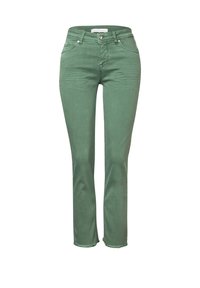 Gröna denimjeans med en figurnära design, som har stängning med knapp fram, fem fickor och fransade fållar vid ankeln.