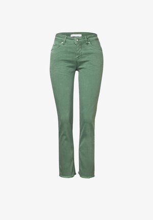 Jeans di denim verdi con un design aderente, dotati di chiusura frontale con bottone, cinque tasche e orli sfilacciati sulla caviglia.