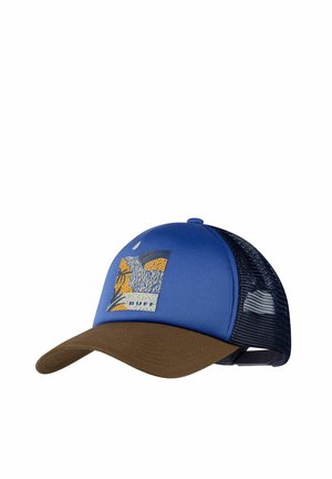 Blue and brown trucker cap with mesh back and a colorful nature-themed patch labeled "BUFF" on the front panel.