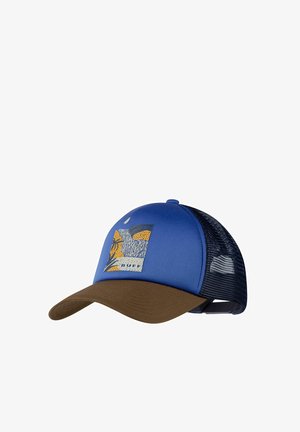 Blau-braune Trucker-Cap mit Netzrücken und einem bunten, naturbezogenen Patch mit der Aufschrift "BUFF" auf dem Frontpanel.