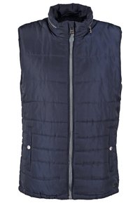 Granatowa ocieplana kamizelka z wysokim kołnierzem, pełnym suwakiem z przodu i dwoma bocznymi kieszeniami. Posiada poziomy pikowany wzór i srebrne elementy metalowe.