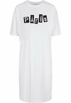 Weißes T-Shirt-Kleid mit schwarzen Blockbuchstaben, die "Paris" buchstabieren, und der Silhouette des Eiffelturms. Lässiger Schnitt, kurze Ärmel.