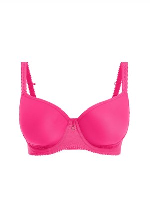 Lys pink underwire bh med formede skåle, dekorativ trim på stropperne og en lille cirkulær detalje på fronten. Glat stof struktur.