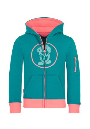 Türkisfarbener Kapuzenpullover mit Reißverschluss, korallenrosa Innenkapuze, Bündchen, Saum und Reißverschluss, mit rundem Tribal-Design auf der Brust und am Reißverschluss der Ärmeltasche.