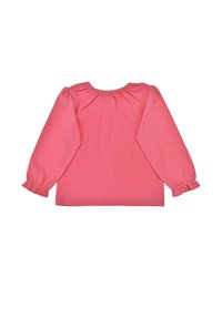 Langärmlige Bluse in Korallenrosa mit gerafftem Ausschnitt und elastischen Bündchen, aus einem weichen Baumwollgemisch hergestellt und mit einer glatten Textur.