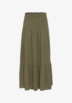 Olivově zelená, patrová maxi sukně s gumičkovým elastickým pasem a měkkou, strukturovanou tkaninou. Plynulý design s uvolněnou siluetou.