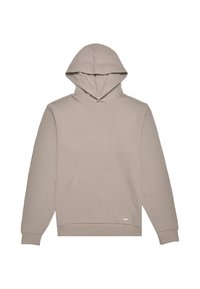 Felpa con cappuccio in beige chiaro, caratterizzata da un tessuto strutturato, maniche lunghe e una tasca frontale. Include polsini e orlo a coste.