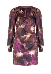 Kurzes braunes Kleid mit lila und schwarzen abstrakten Blumenmustern, langen Puffärmeln, gerafften Manschetten und einem Schlüsselloch-Ausschnitt.