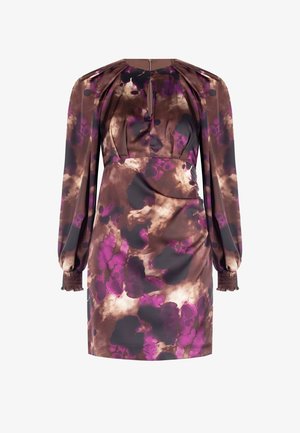 Korte bruine jurk met abstracte paarse en zwarte bloemenprint, voorzien van lange pofmouwen, geplooide manchetten en een keyhole-halslijn.