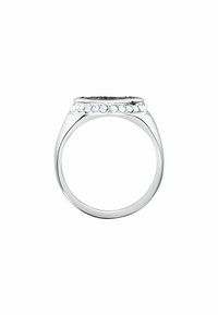 Silverring med en slät band och en rektangulär topp med svarta detaljer, omgiven av klara kristaller längs bandets kant.