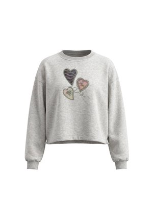 Lysegrå langærmet sweatshirt med ribbet manchet og krave, med tre hjerteformede balloner broderet foran.
