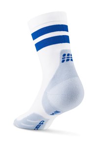 Calzino sportivo bianco con due strisce orizzontali blu vicino alla parte superiore, con tallone e suola testurizzati, mostrato in profilo laterale.