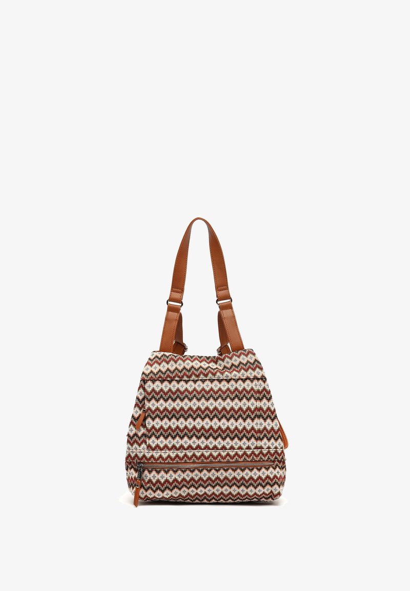 Bolso de mano tejido texturizado que presenta un patrón de zigzag en crema, marrón y verde, complementado con asas de cuero marrón y detalles en cremallera.