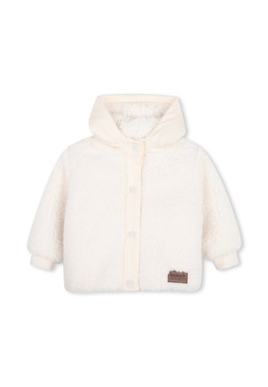 Veste à capuche pour tout-petit couleur crème avec une texture douce en polaire, boutons-pression à l’avant et un petit patch logo Timberland marron près de l’ourlet.
