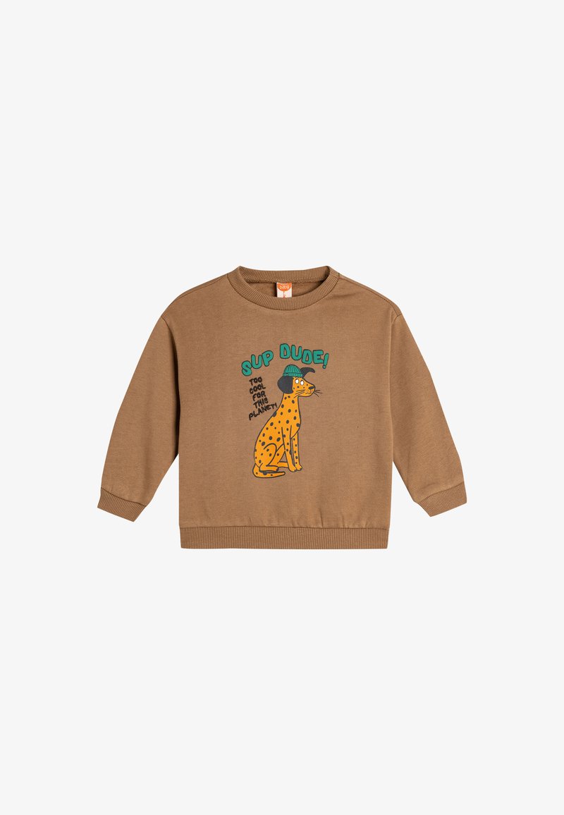 Ruskea huppari pitkillä hihoilla, kynsireunuksilla ja vyötäröresorilla. Sisältää värikkään grafiikan pilkullisesta koirasta ja tekstin: "Mitä kuuluu kaveri! Liian siisti tälle planeetalle!"