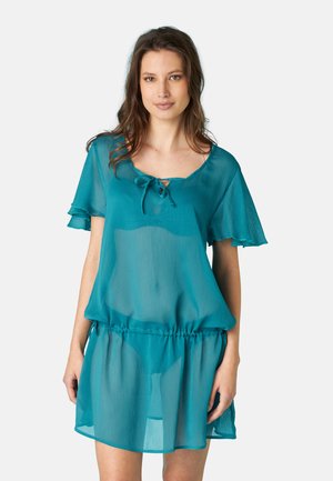 Abito in chiffon teal con maniche a farfalla corte, scollatura rotonda e dettagli con nodo frontale. Presenta una vita elastica e una silhouette fluida.